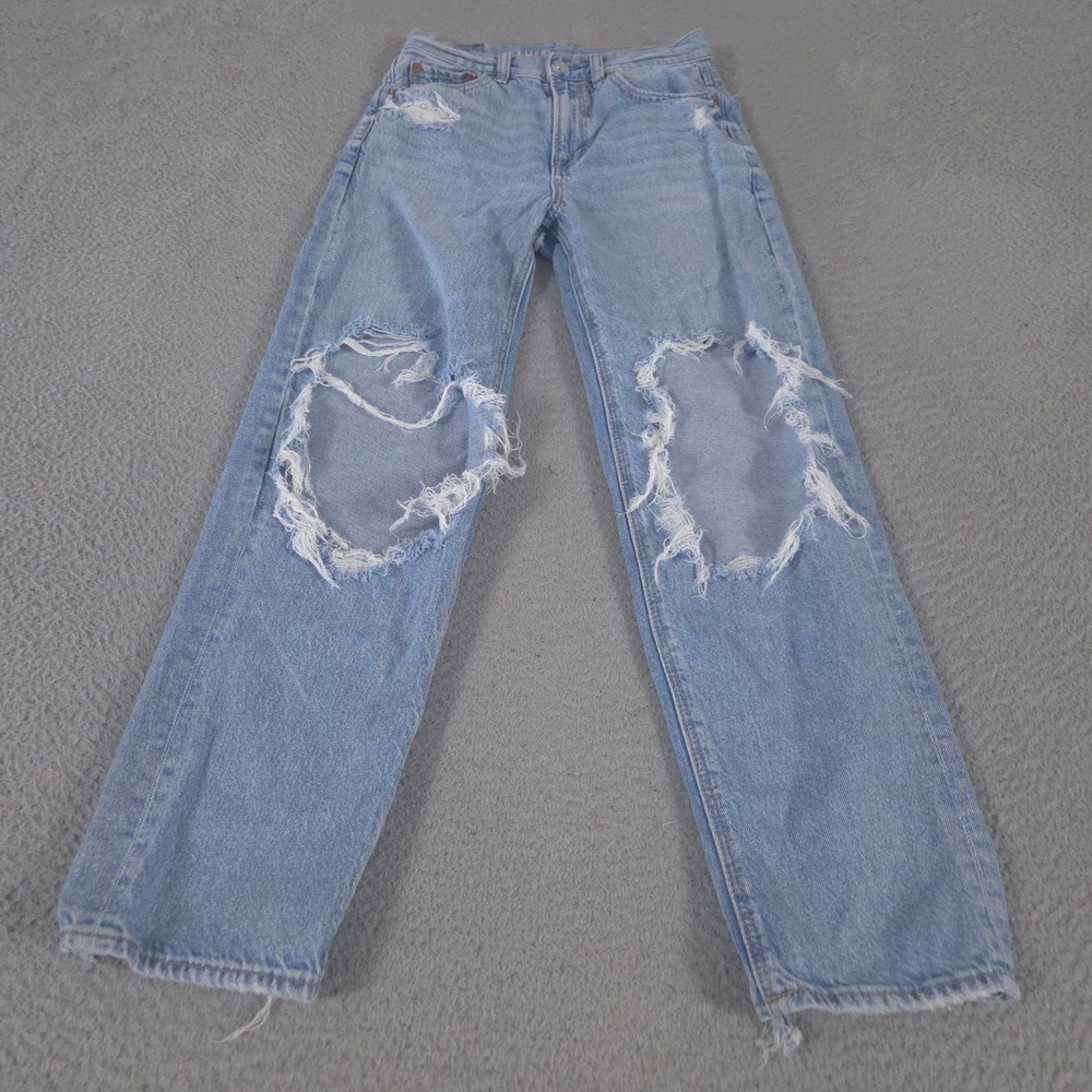 American Eagle Jeans Womens 0 Blue Super High-Rise Baggy Straight Strigid Ripped